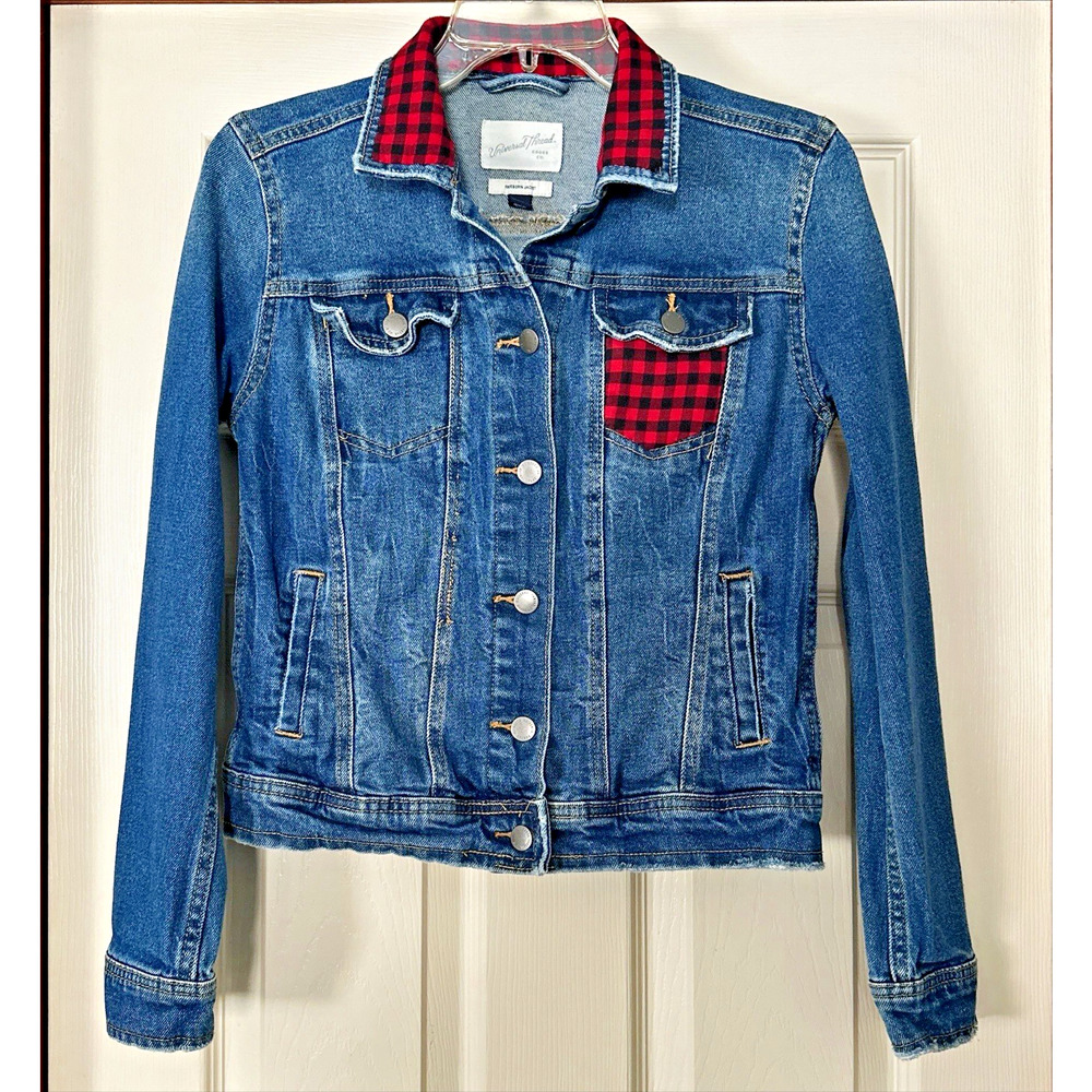 Upcycled XS Universal Thread Denim Jacket Red Black Check Flannel